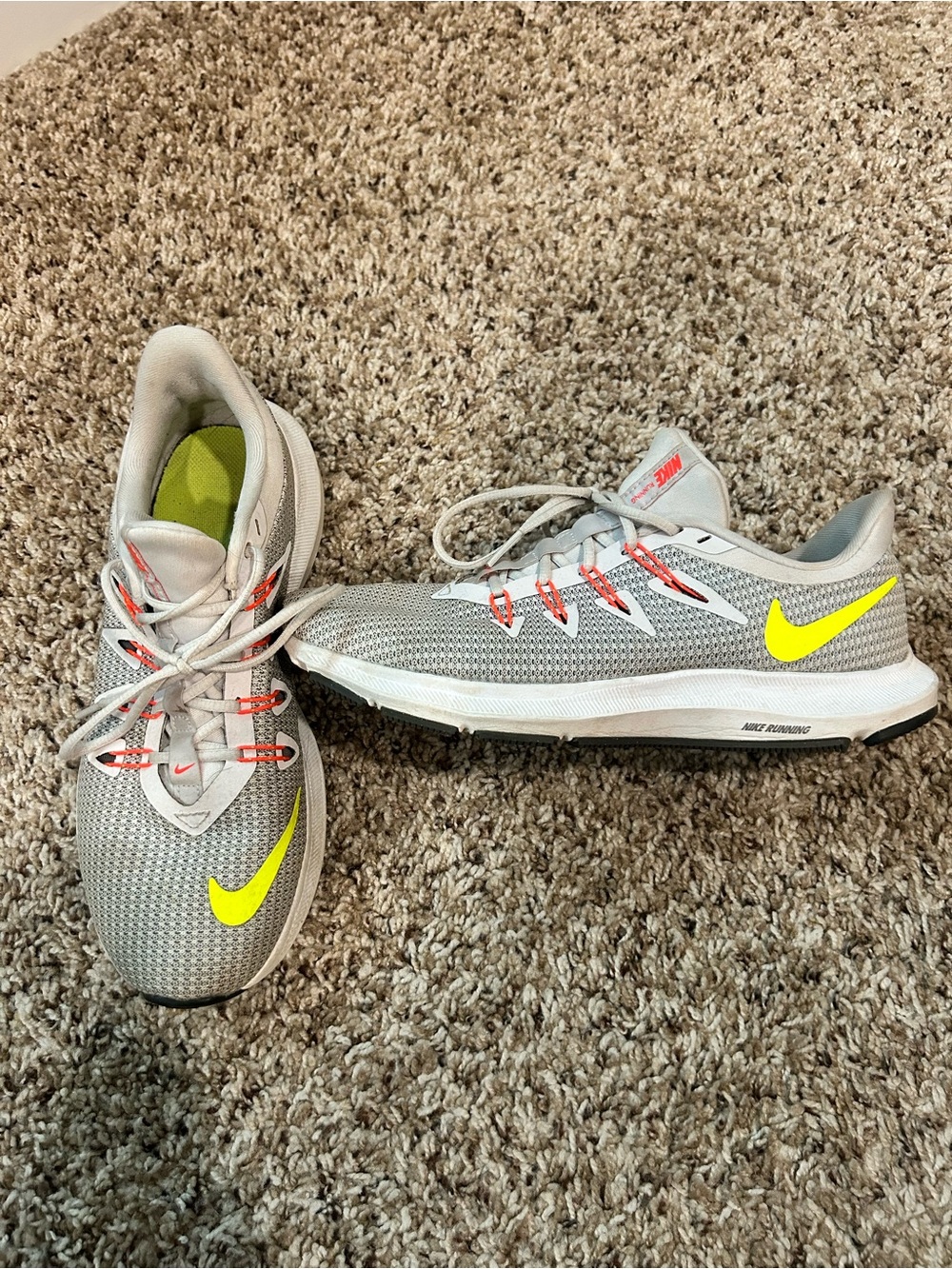 Nike Gray Mesh Running Shoes with Neon Yellow Swoosh and Coral Accents